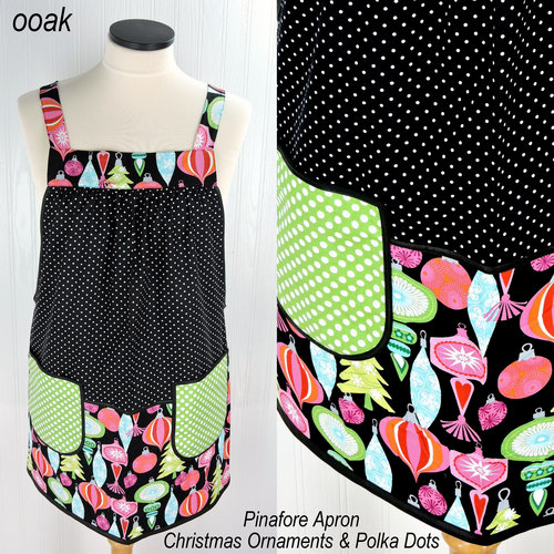 Christmas Ornaments and Polka Dots Pinafore with no ties, relaxed fit smock with pockets fits L-XL-2X, Holiday Hostess Apron ships fast