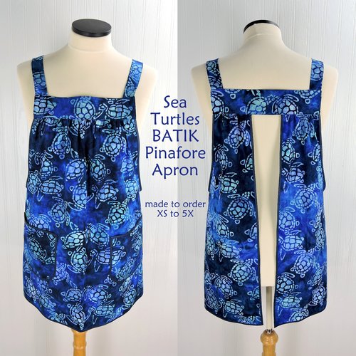 Sea Turtle Batik Pinafore Apron with no ties, relaxed fit smock apron with pockets, handmade-to-order XS - 5X, blue-purple-green watercolor