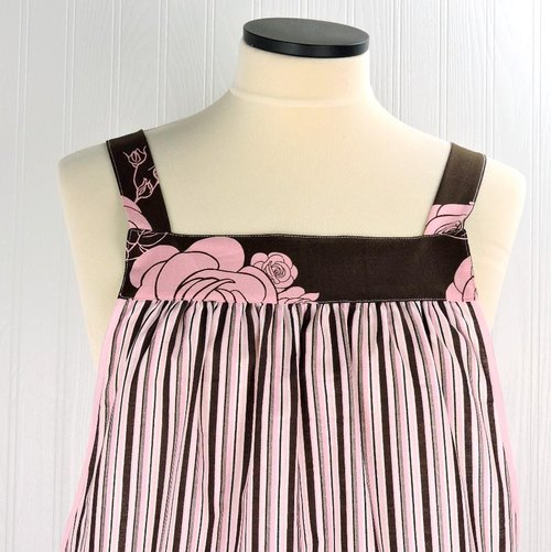 Stripes & Roses Pinafore with no ties, relaxed fit smock with pockets, one-of-a-kind apron fits L/XL/2X, ships fast