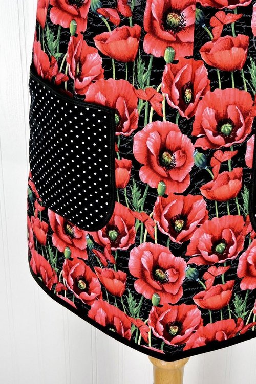 Red Poppies on Black Pinafore Apron with no ties, loose-fitting smock with pockets, pretty hostess apron, ready to ship fits L/XL/2X