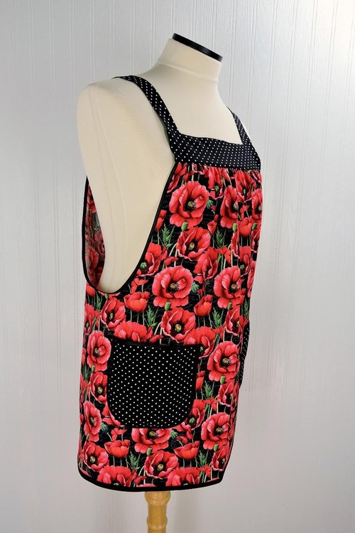Red Poppies on Black Pinafore Apron with no ties, loose-fitting smock with pockets, pretty hostess apron, ready to ship fits L/XL/2X