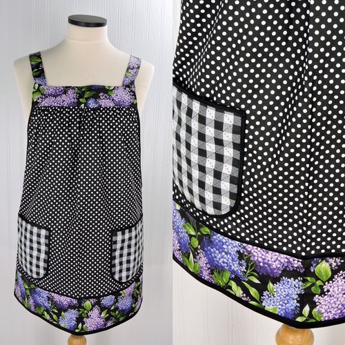 Lilacs and Polka Dots Scrapbuster Pinafore Apron with no ties, relaxed fit smock with pockets, ready to ship fits L/XL/2X, SHIPS FAST