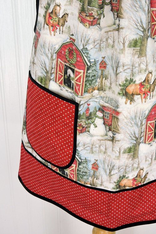 Snowy Christmas Barnyard Pinafore with no ties, relaxed fit smock with pockets, red barn, horses, snowman scene, made-to-order XS to 5X