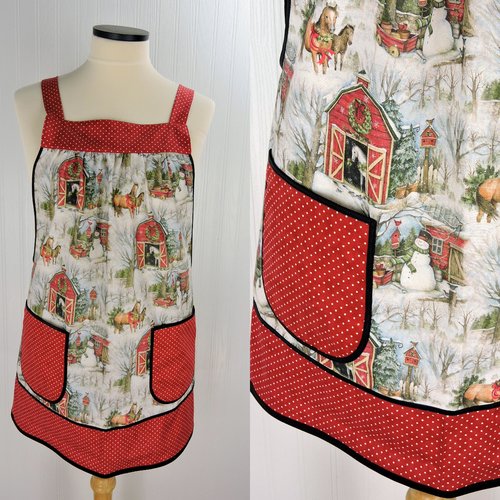 Snowy Christmas Barnyard Pinafore with no ties, relaxed fit smock with pockets, red barn, horses, snowman scene, made-to-order XS to 5X