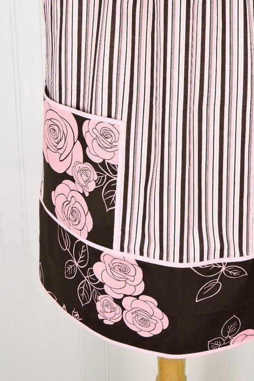 Stripes & Roses Pinafore with no ties, relaxed fit smock with pockets, one-of-a-kind apron fits L/XL/2X, ships fast