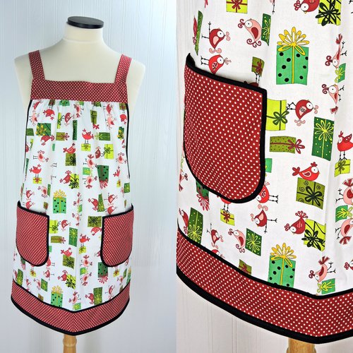 Holiday Tweets Scrapbuster Pinafore with no ties, relaxed fit smock with pockets, Christmas birds apron fits L-XL-2X SHIPS FAST