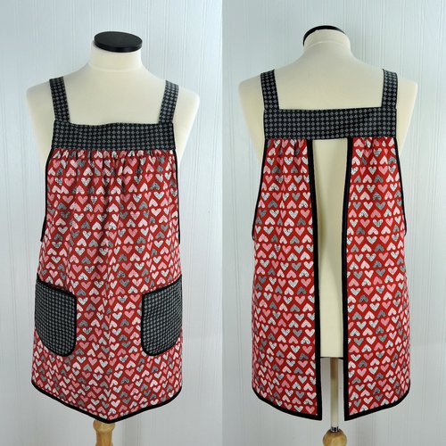 Red Flirt Hearts Valentine Pinafore with no ties, relaxed fit smock with pockets, standard size L/XL/2X, SHIPS FAST