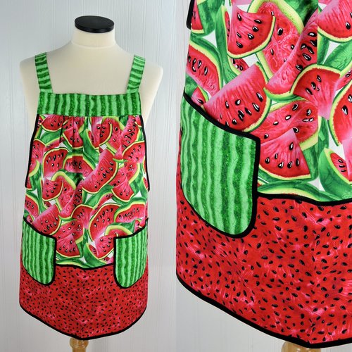 Summer Watermelon Pinafore with no tie (straps go straight over shoulder) relaxed fit smock with pockets, made to order from XS to 5X