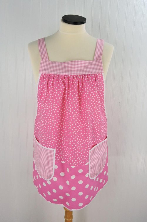 Pink Polka Dot Scrapbuster Pinafore, relaxed fit smock with pockets, comfortable (doesn't touch neck) Standard Size (fits L/XL/2X) ships now