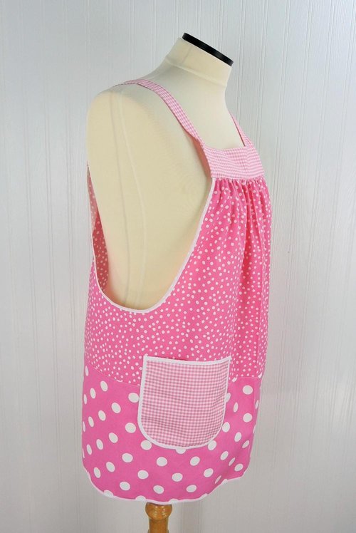 Pink Polka Dot Scrapbuster Pinafore, relaxed fit smock with pockets, comfortable (doesn't touch neck) Standard Size (fits L/XL/2X) ships now
