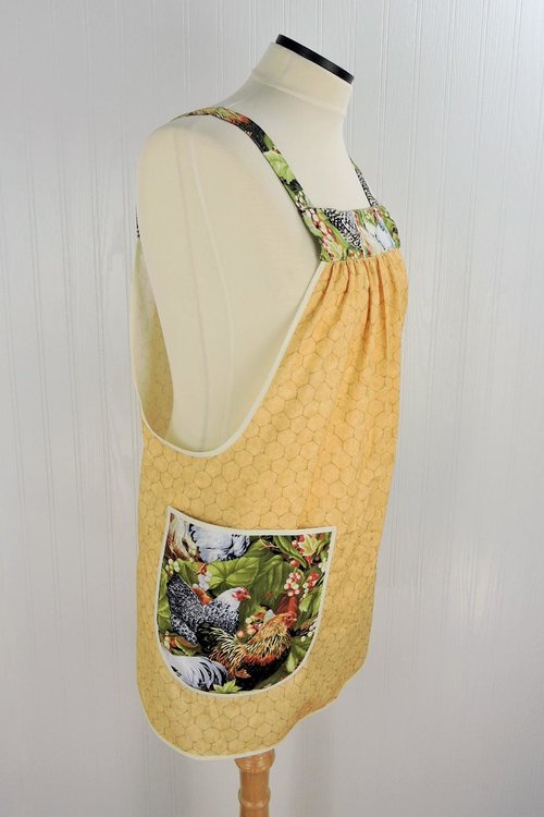 Roosters & Chicken Wire Pinafore Apron with no ties, relaxed fit smock apron with JUMBO pockets, OOAK fits L/XL/2X, ready to ship