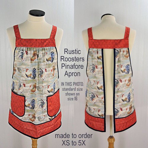 Rustic Roosters Pinafore with no ties, relaxed fit smock with pockets, straps go straight over the shoulders, made to order XS - 5X