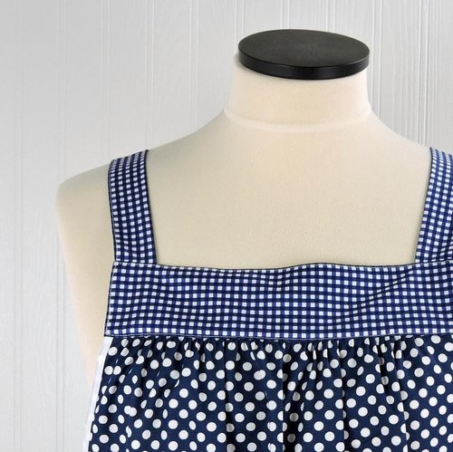 Navy Polka Dot Scrapbuster Pinafore, relaxed fit smock with pockets, comfortable (doesn't touch neck) Standard Size (fits L/XL/2X) ships now