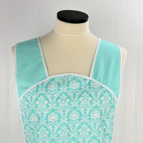 Aqua Petite Damask Retro 50s Smock Apron, relaxed fit "H-back" doesn't touch neck, no pockets, LAST ONE is ready to ship (fits L/XL)