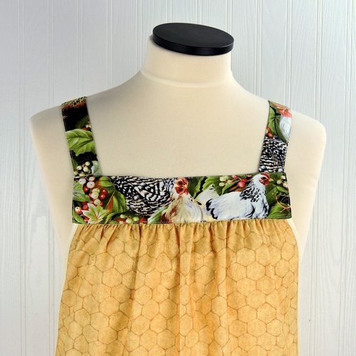Roosters & Chicken Wire Pinafore Apron with no ties, relaxed fit smock apron with JUMBO pockets, OOAK fits L/XL/2X, ready to ship