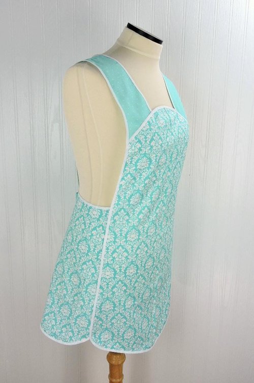 Aqua Petite Damask Retro 50s Smock Apron, relaxed fit "H-back" doesn't touch neck, no pockets, LAST ONE is ready to ship (fits L/XL)