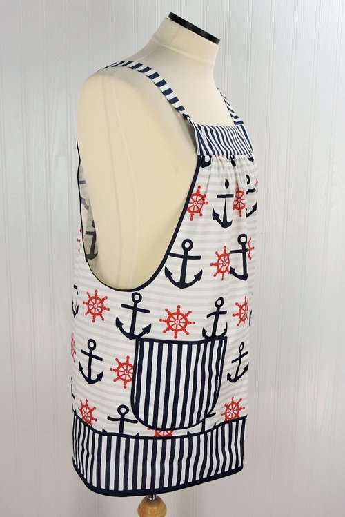 Nautical Stripe Pinafore with no ties (straps go straight over the shoulders), relaxed fit smock apron with pockets, made to order XS - 5X