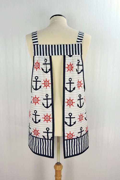 Nautical Stripe Pinafore with no ties (straps go straight over the shoulders), relaxed fit smock apron with pockets, made to order XS - 5X