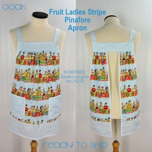 Fruit Ladies Stripe Pinafore with no ties (straps go straight over shoulders) relaxed fit smock with pockets, humorous beach theme, L/XL/2X