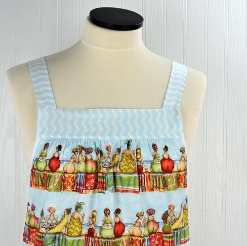 Fruit Ladies Stripe Pinafore with no ties (straps go straight over shoulders) relaxed fit smock with pockets, humorous beach theme, L/XL/2X