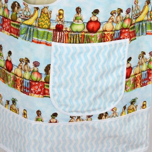 Fruit Ladies Stripe Pinafore with no ties (straps go straight over shoulders) relaxed fit smock with pockets, humorous beach theme, L/XL/2X