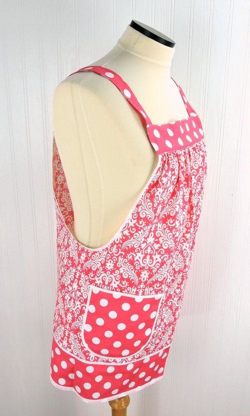 Raspberry Damask Pinafore with no ties (straps go straight over shoulders) relaxed fit smock with pockets, fits L/XL/2X, ready to ship