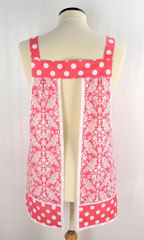 Raspberry Damask Pinafore with no ties (straps go straight over shoulders) relaxed fit smock with pockets, fits L/XL/2X, ready to ship
