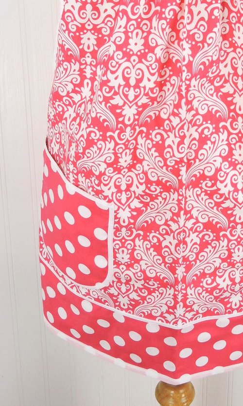 Raspberry Damask Pinafore with no ties (straps go straight over shoulders) relaxed fit smock with pockets, fits L/XL/2X, ready to ship