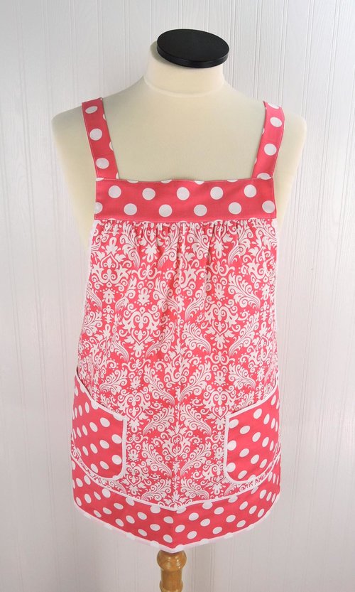 Raspberry Damask Pinafore with no ties (straps go straight over shoulders) relaxed fit smock with pockets, fits L/XL/2X, ready to ship