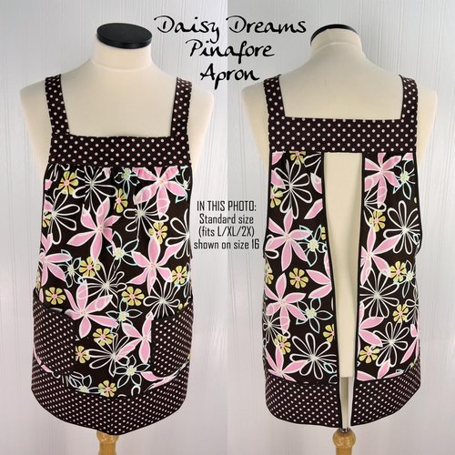 Daisy Dreams Pinafore with no ties (straps go straight over shoulders) relaxed fit smock with pockets, fits L/XL/2X, ready to ship now