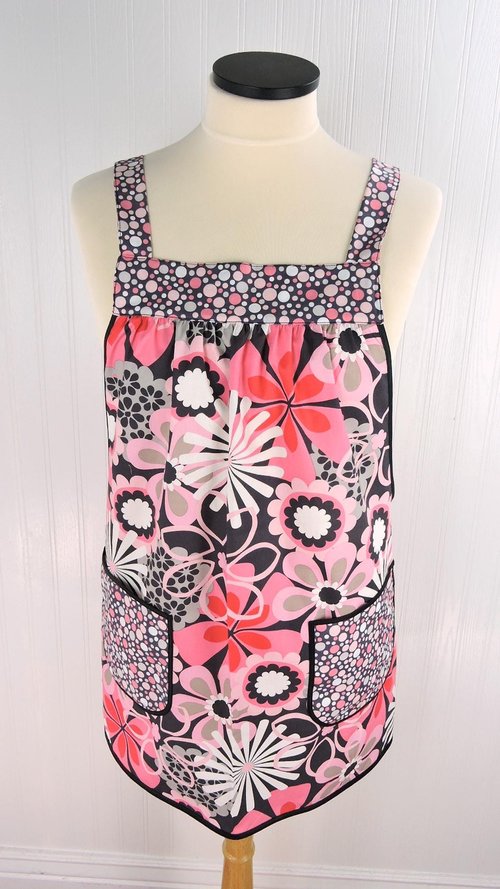 Flower Shower Pinafore with no ties (straps go straight over shoulders) relaxed fit smock with pockets, LAST ONE fits L/XL/2X