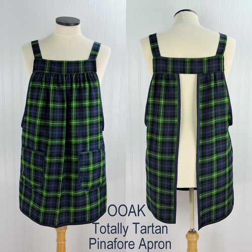 Totally Tartan Plaid Pinafore with no tie, relaxed fit smock with pockets, holiday apron for baking OR hosting, fits L/XL/2X, ready to ship