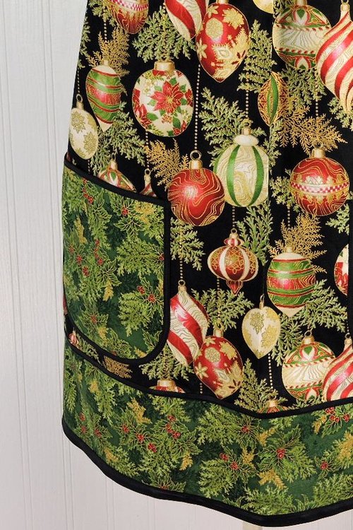 XS- 5X Holiday Flourish Ornaments Pinafore with no ties (straps go straight over the shoulders) relaxed fit smock with pockets made to order