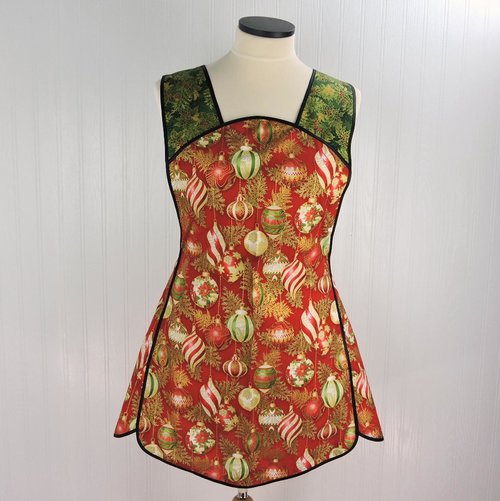 XS-4X Retro 50s Christmas Smock, Holiday Flourish Ornaments in Red, relaxed fit H-back apron, made to order with pocket options