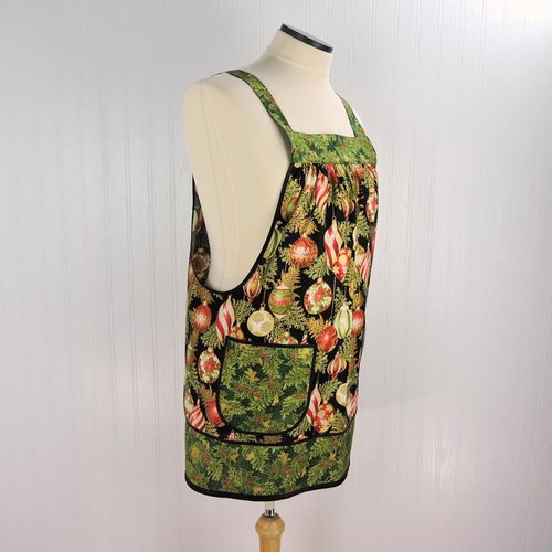 XS- 5X Holiday Flourish Ornaments Pinafore with no ties (straps go straight over the shoulders) relaxed fit smock with pockets made to order