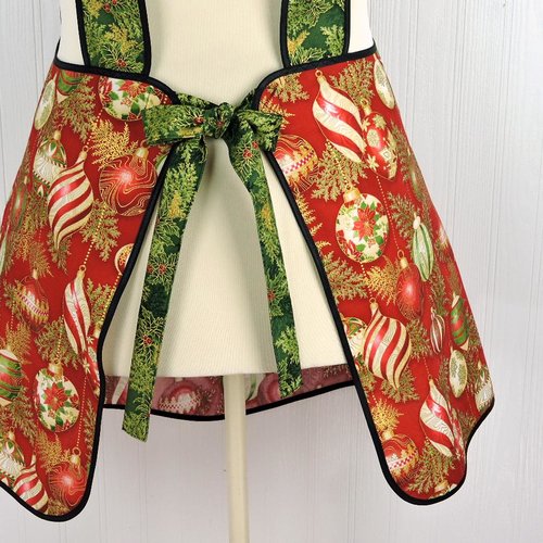 XS-4X Retro 50s Christmas Smock, Holiday Flourish Ornaments in Red, relaxed fit H-back apron, made to order with pocket options