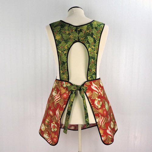 XS-4X Retro 50s Christmas Smock, Holiday Flourish Ornaments in Red, relaxed fit H-back apron, made to order with pocket options