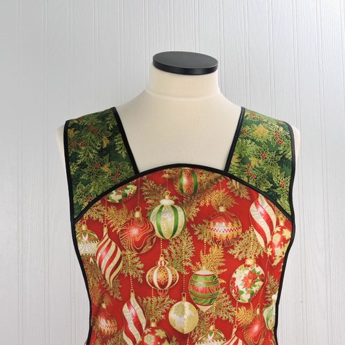 XS-4X Retro 50s Christmas Smock, Holiday Flourish Ornaments in Red, relaxed fit H-back apron, made to order with pocket options