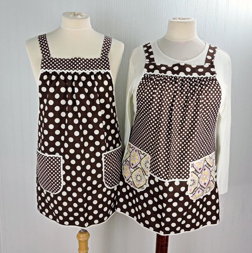 Brown & Cream SCRAPBUSTER Pinafore with no ties (straps go straight over the shoulders) relaxed fit smock with pockets, ready to ship