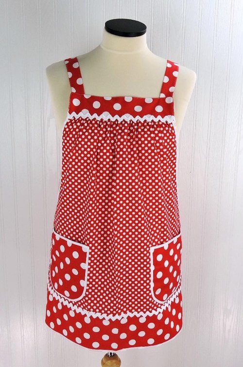 Red Polka Dot Pinafore with no ties (straps go straight over the shoulders) relaxed fit smock apron with pockets, made to order XS to 5X