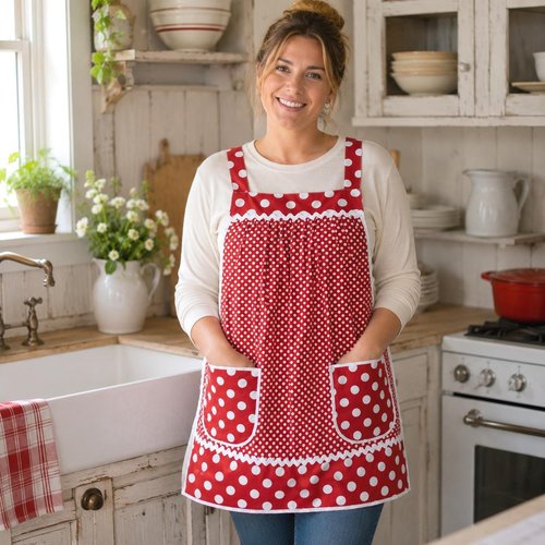 Red Polka Dot Pinafore with no ties (straps go straight over the shoulders) relaxed fit smock apron with pockets, made to order XS to 5X