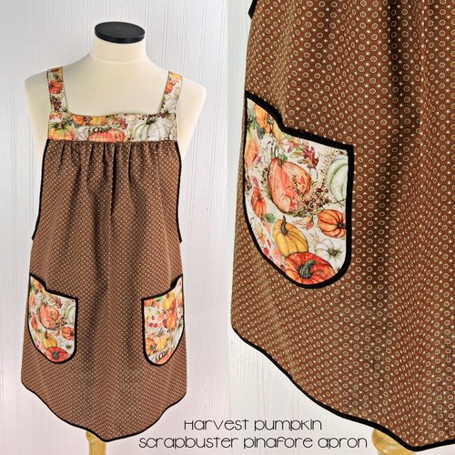 Harvest Pumpkins Scrapbuster Pinafore with no ties, relaxed fit smock with pockets, fall apron, Susan Winget Harvest fabric, SHIPS FAST