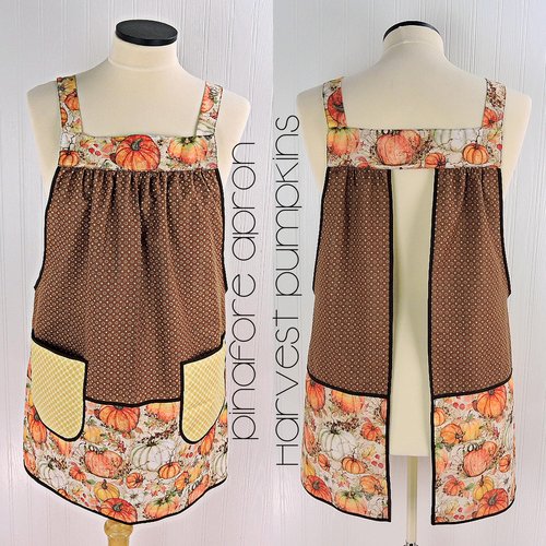 OOAK Harvest Pumpkins Pinafore with no ties, relaxed fit smock with pockets, fall apron, Susan Winget Harvest fabric, SHIPS FAST