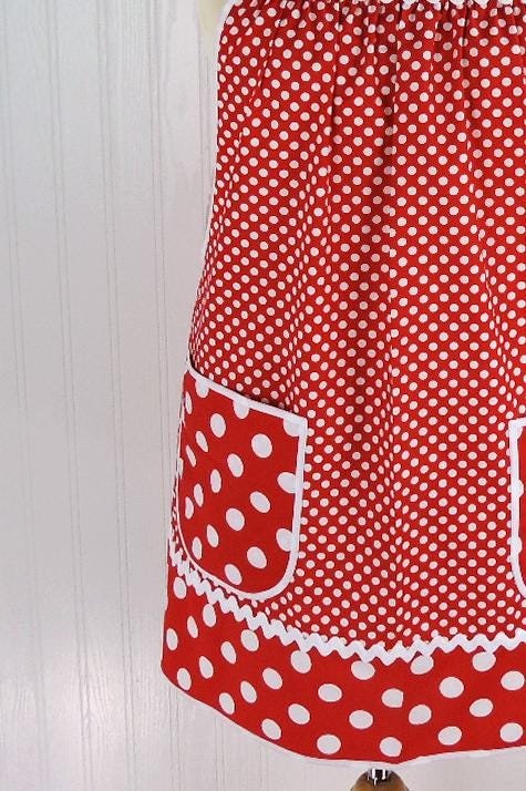 Red Polka Dot Pinafore with no ties (straps go straight over the shoulders) relaxed fit smock apron with pockets, made to order XS to 5X