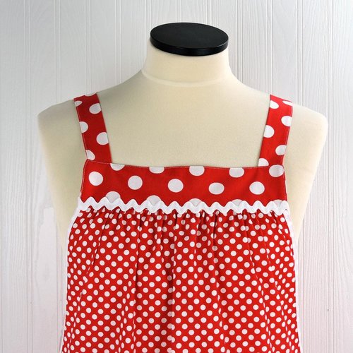 Red Polka Dot Pinafore with no ties (straps go straight over the shoulders) relaxed fit smock apron with pockets, made to order XS to 5X
