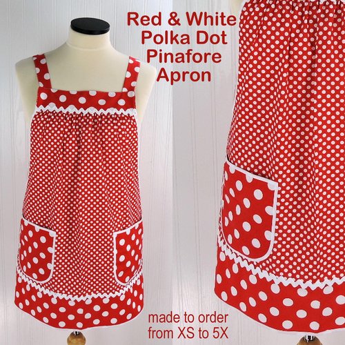 Red Polka Dot Pinafore with no ties (straps go straight over the shoulders) relaxed fit smock apron with pockets, made to order XS to 5X