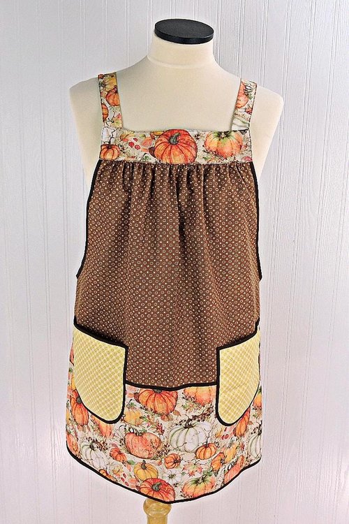 OOAK Harvest Pumpkins Pinafore with no ties, relaxed fit smock with pockets, fall apron, Susan Winget Harvest fabric, SHIPS FAST