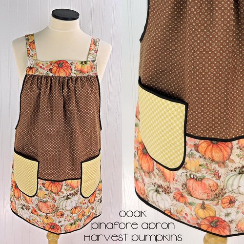 OOAK Harvest Pumpkins Pinafore with no ties, relaxed fit smock with pockets, fall apron, Susan Winget Harvest fabric, SHIPS FAST