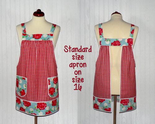 Red Gingham and Roses Pinafore with no ties, relaxed fit smock with pockets, retro floral kitchen apron XS to 5X