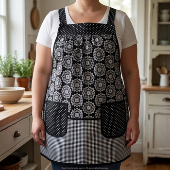 B/W Medallion Check Scrapbuster Pinafore with no ties (straps go straight over the shoulder) relaxed fit smock with pocket L/XL/2X ships now